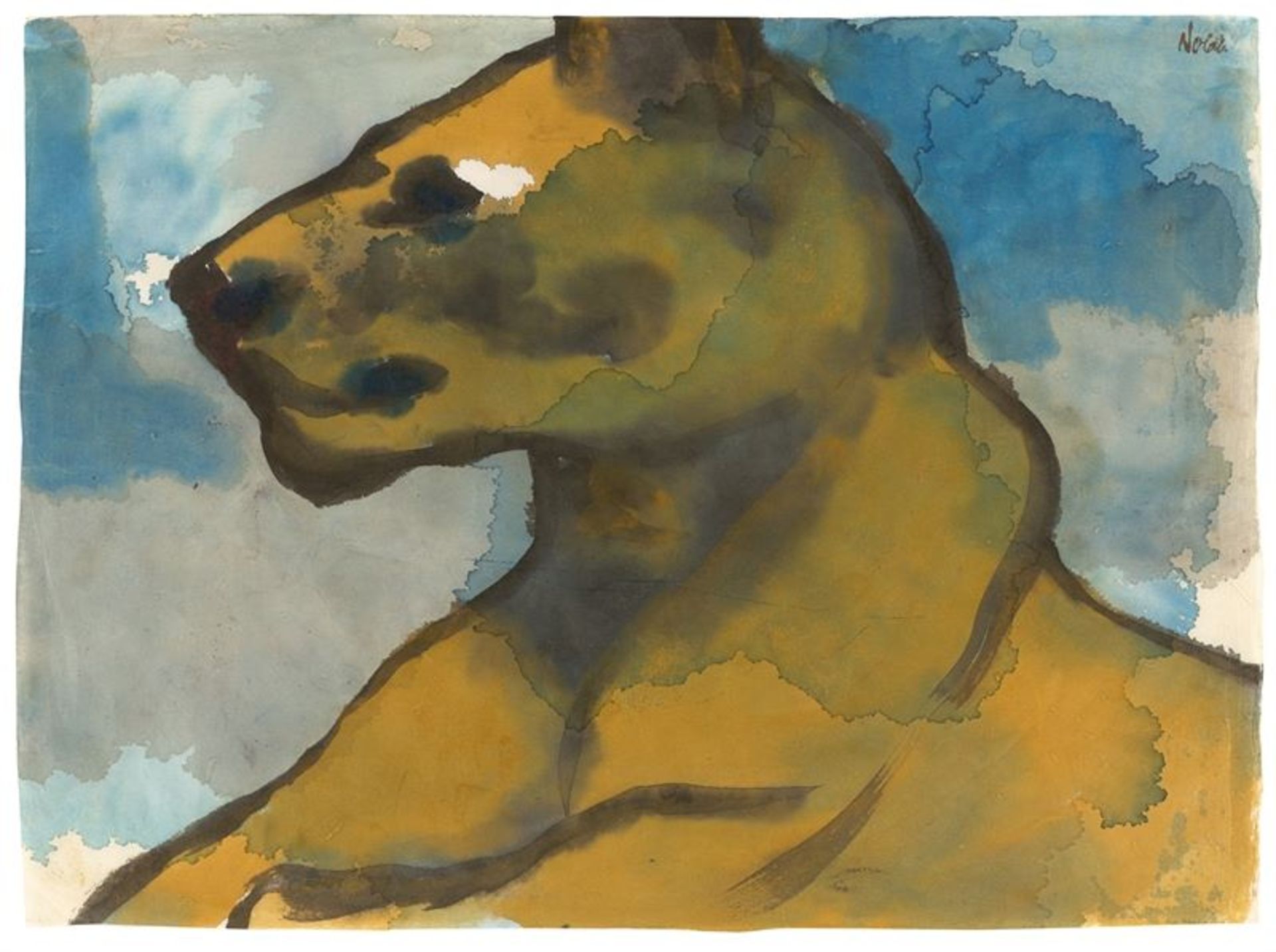 Emil Nolde (Nolde 1867 – 1956 Seebüll)„Liegende Löwin“. Um 1923/24Aquarell auf Japan. 34,5 × 47,2 cm