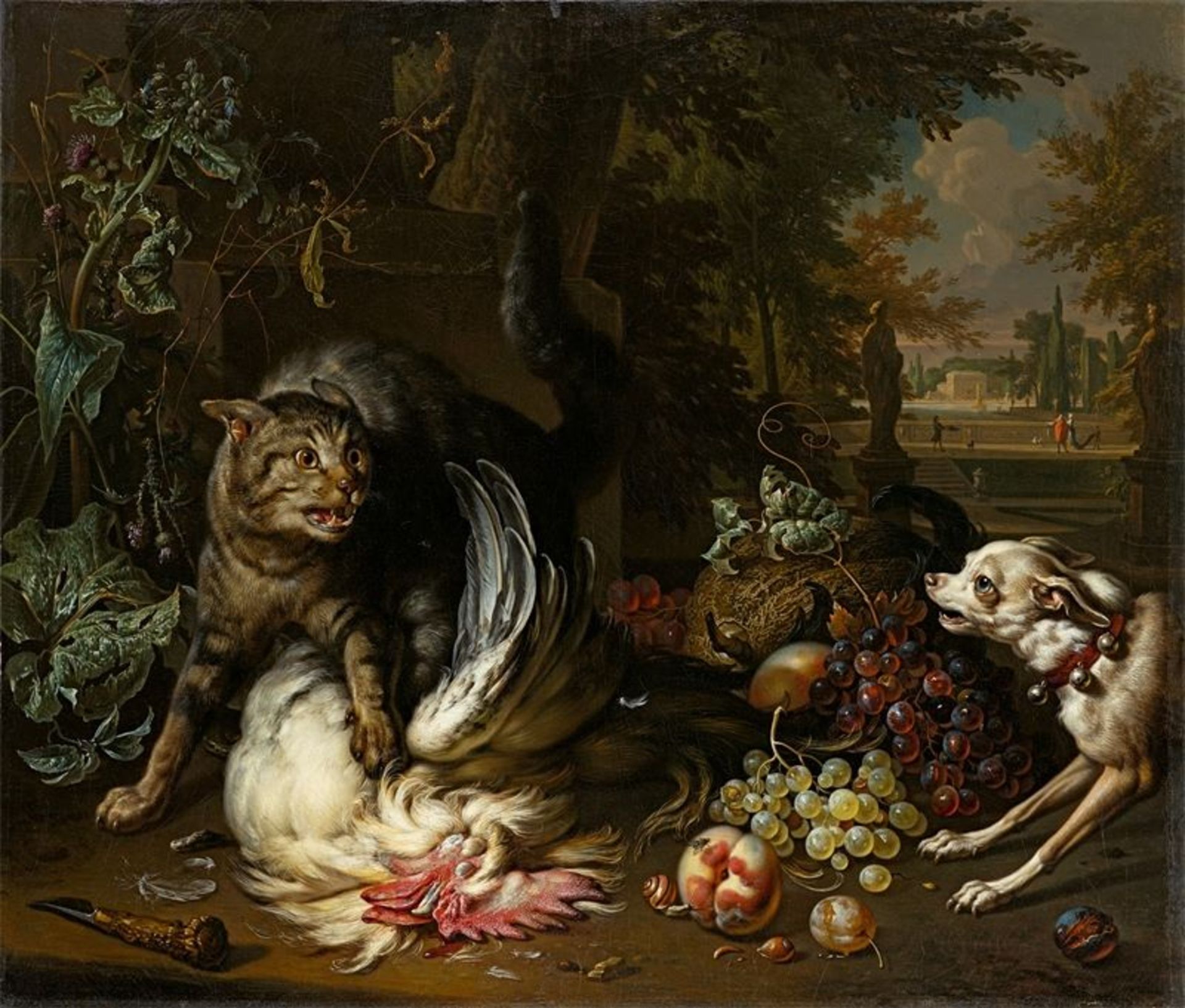 Dirk Valkenburg (1675 – Amsterdam – 1721)Katze verteidigt ihre Wildbeute vor einem Hund. 1715Öl