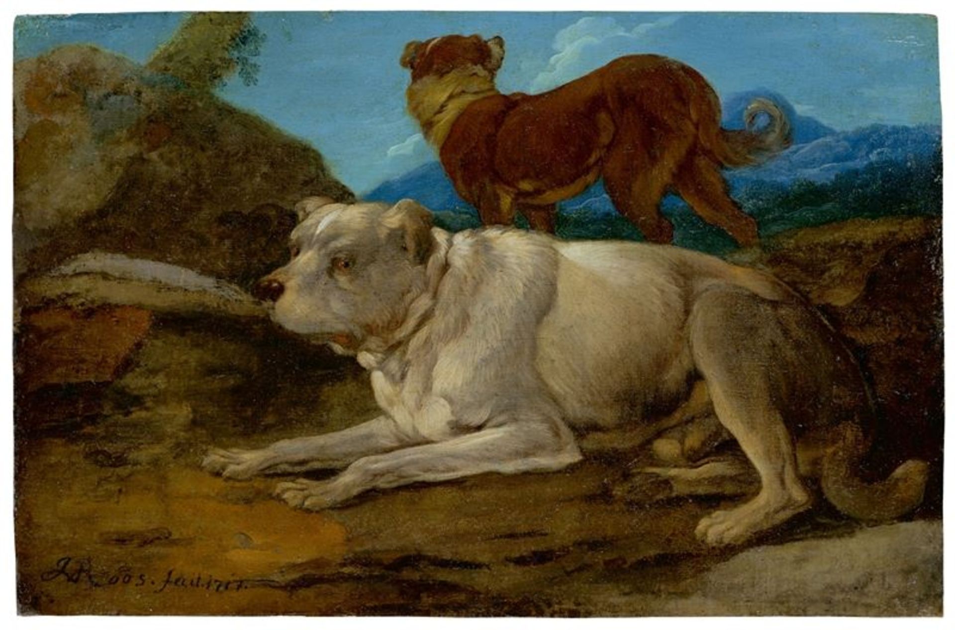 Johann Melchior Roos (Heidelberg 1663 – 1731 Frankfurt am Main)Zwei Hunde in felsiger Landschaft.