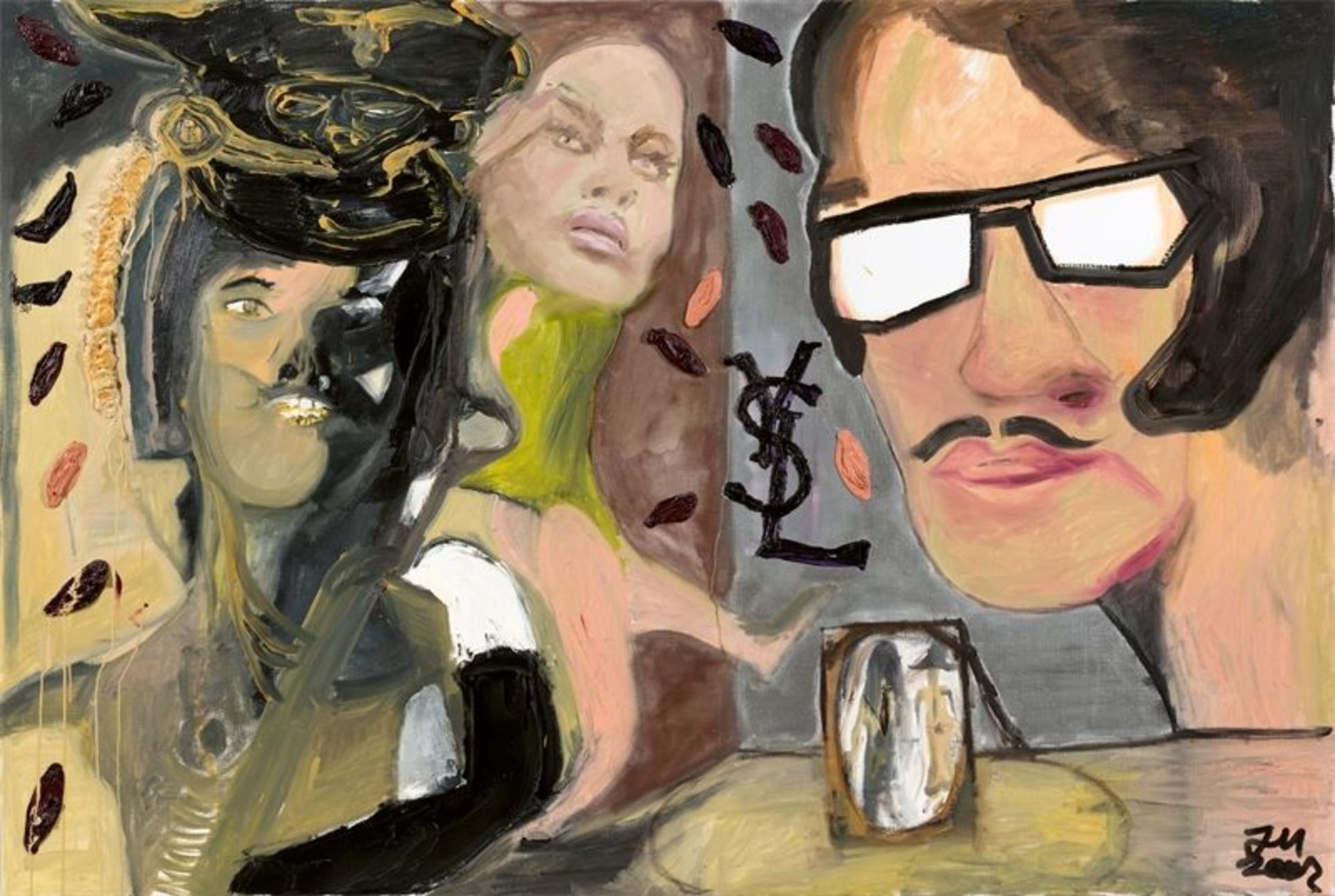 Jonathan Meese (Tokio 1970 – lebt in Berlin)„YSL. YSL“. 2002Öl auf Leinwand. 140 × 201 cm ( 55 ⅛ ×