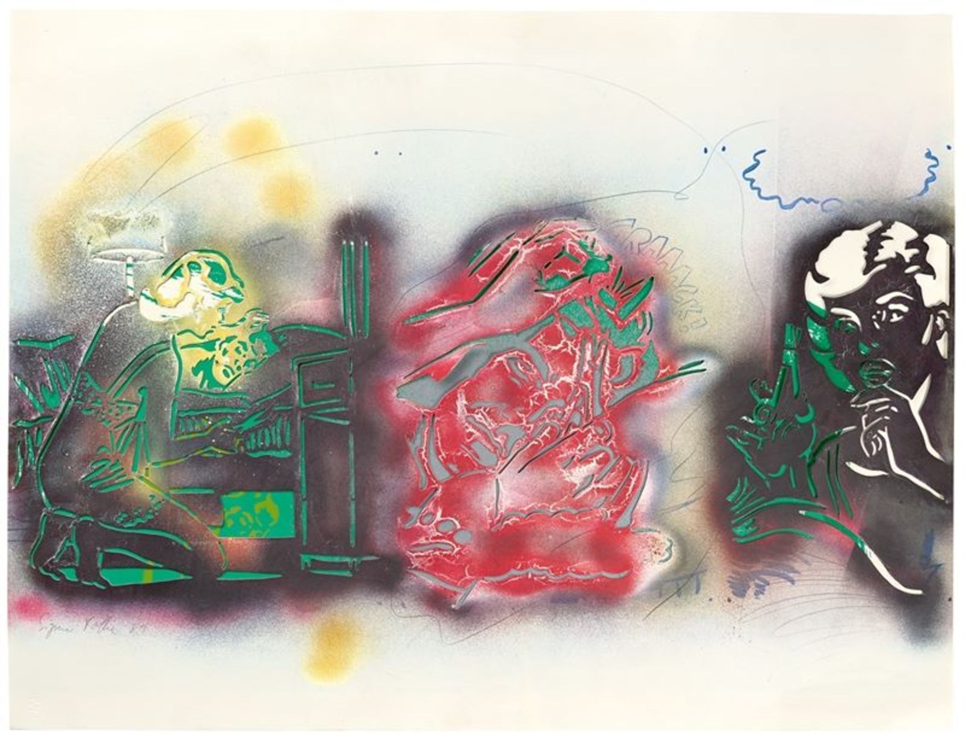 Sigmar Polke (Oels 1941 – 2010 Köln)„Samson und Delilah“. 1989Farbiger Lichtdruck auf leichtem