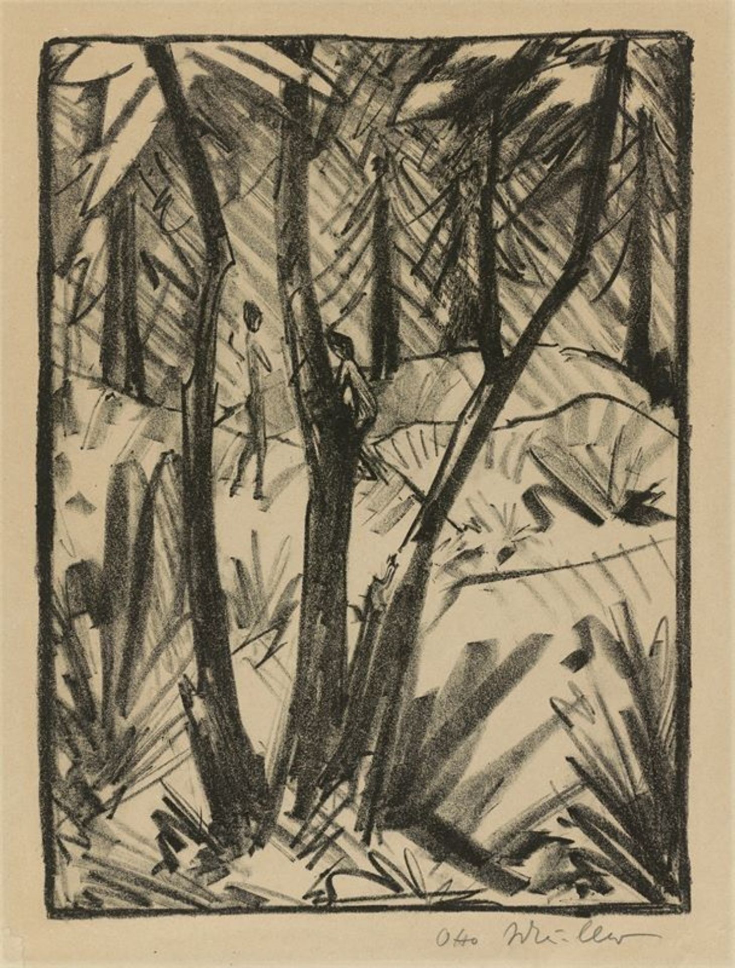 Otto Mueller (Liebau/Schlesien 1874 – 1930 Breslau)„Waldlandschaft mit kleinen Figuren (2)“.
