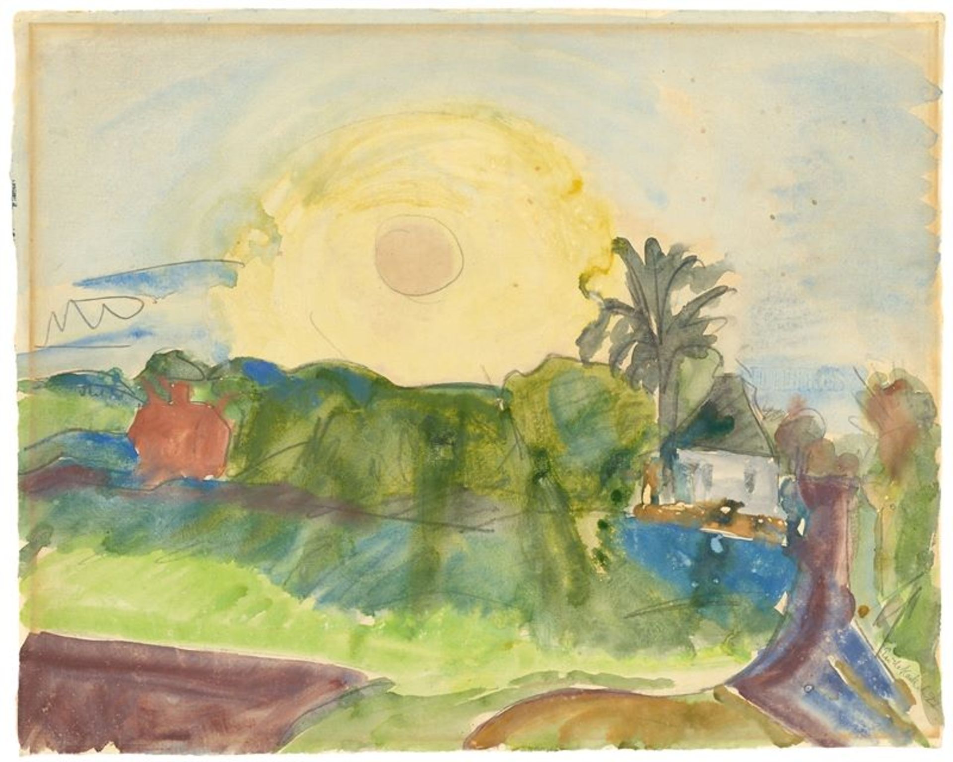 Erich Heckel (Döbeln 1883 – 1970 Radolfzell am Bodensee)Sonnenuntergang über Dorf. 1922Aquarell