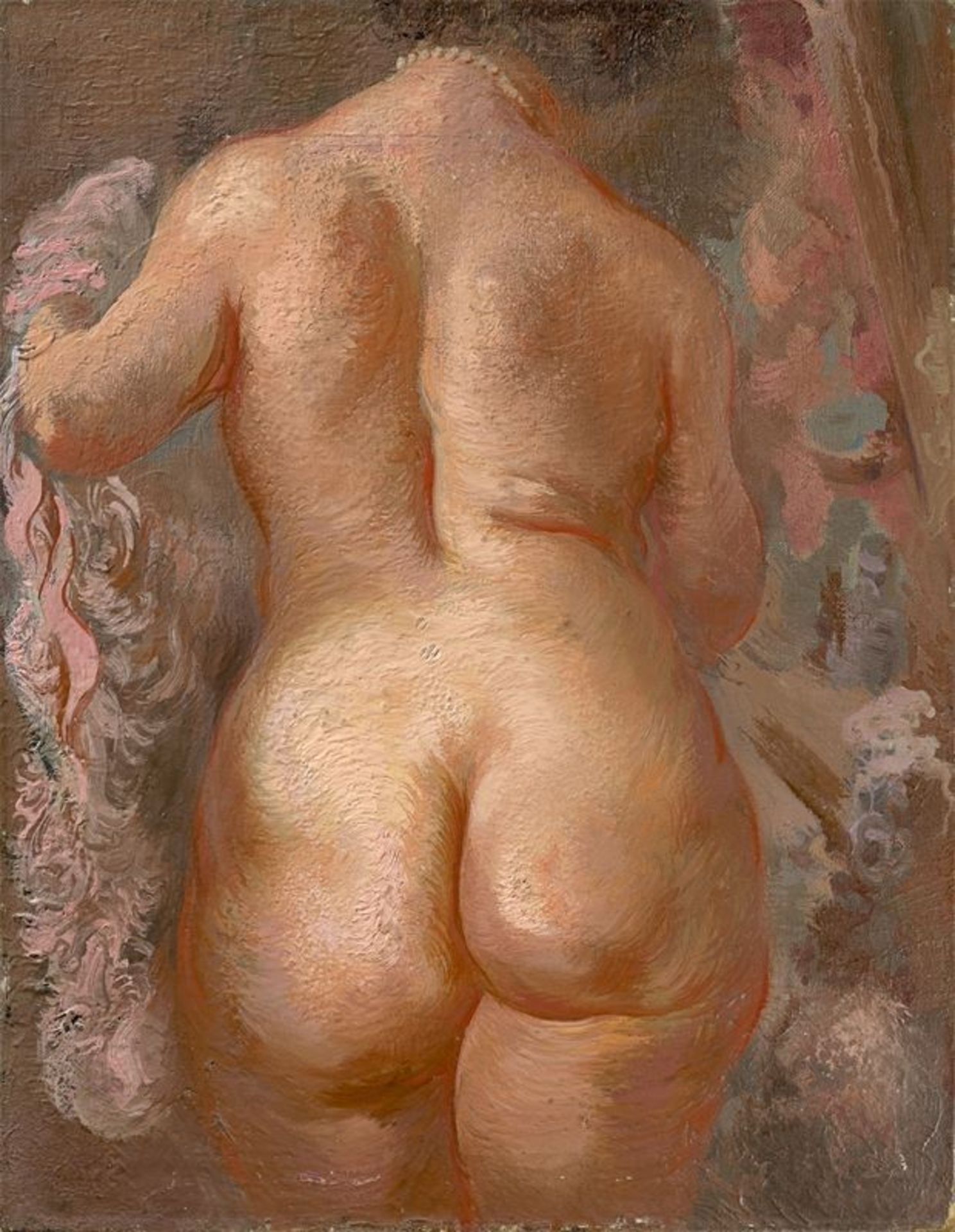 George Grosz (1893 – Berlin – 1959)„Nude with a pink scarf“. 1938Öl auf Leinwand auf Karton. 45,
