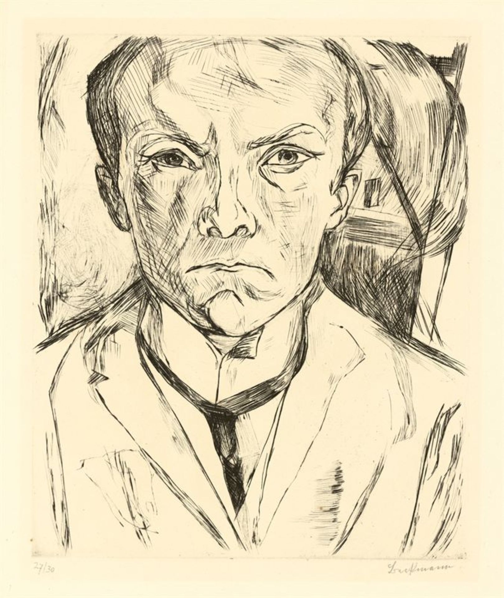 Max Beckmann (Leipzig 1884 – 1950 New York)„Selbstbildnis von vorn, im Hintergrund Hausgiebel“.