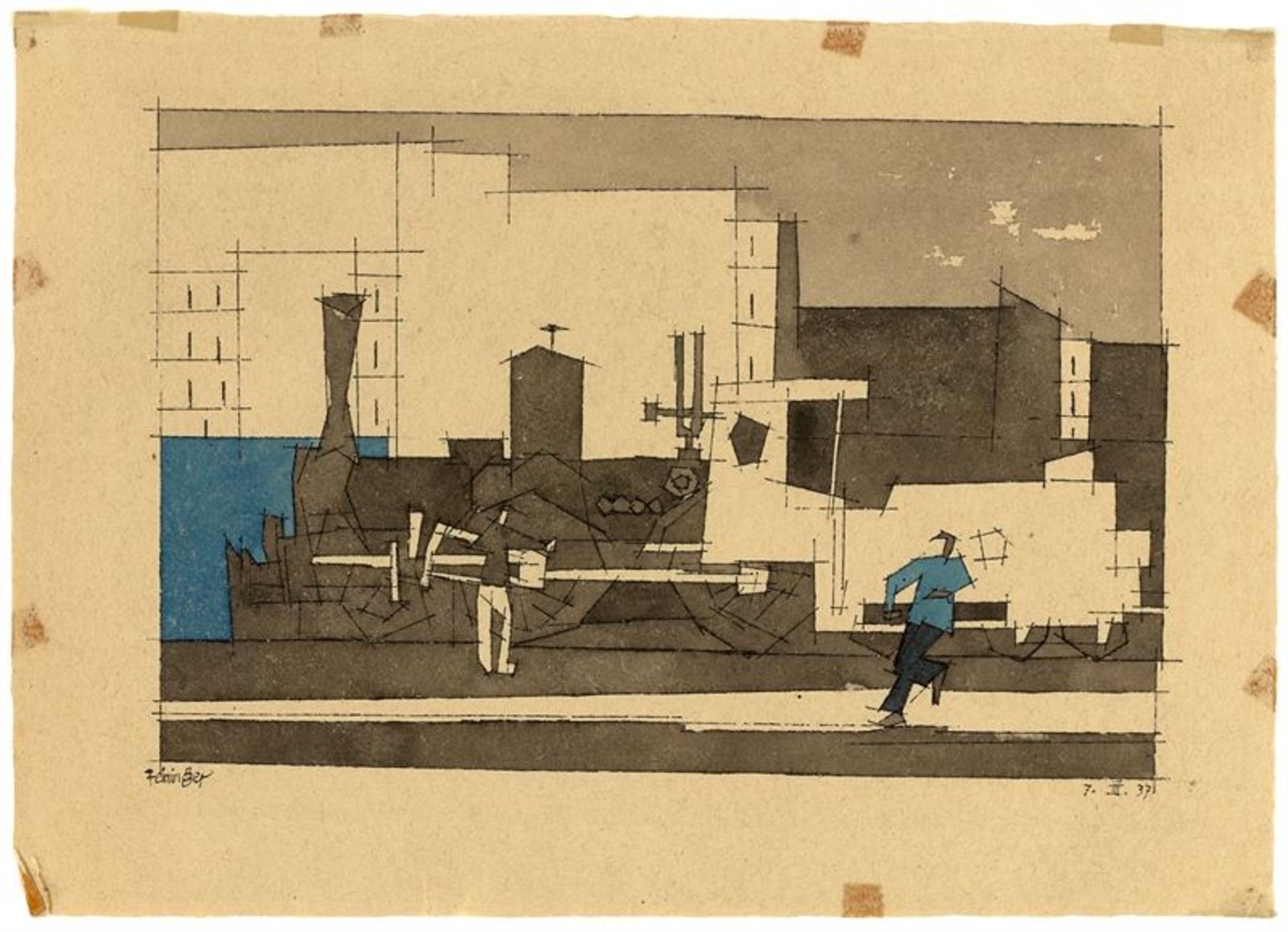 Lyonel Feininger (1871 – New York – 1956)Lokomotive vor Stadtkulisse. 1937Aquarell und Tuschfeder