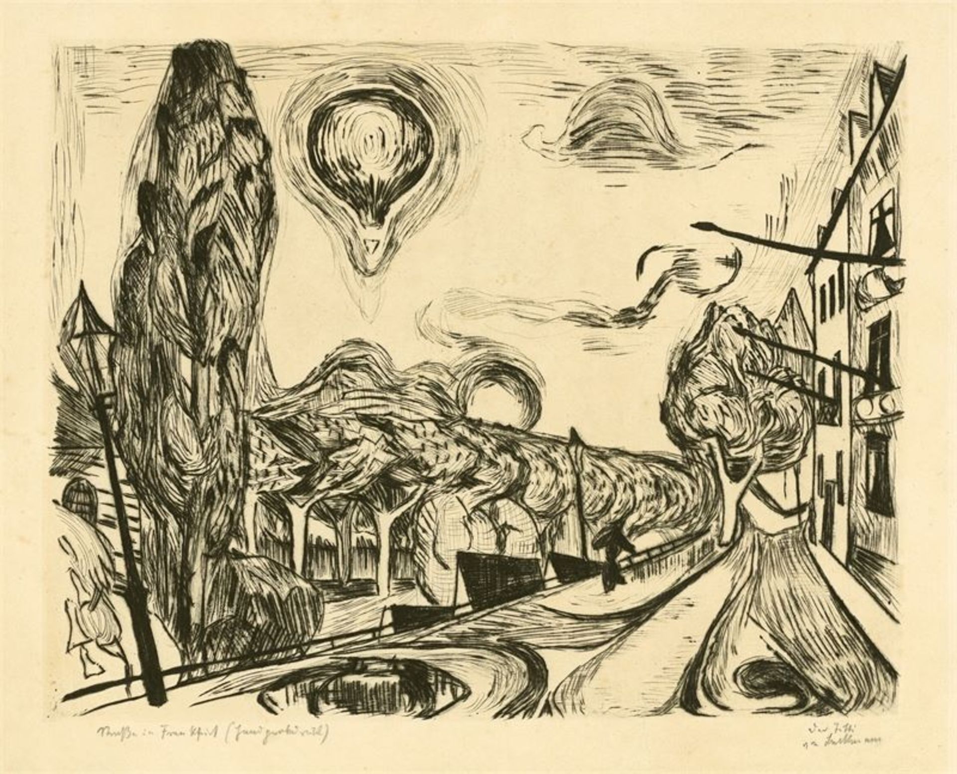 Max Beckmann (Leipzig 1884 – 1950 New York)„Landschaft mit Ballon“. 1918Kaltnadel auf Zanders-