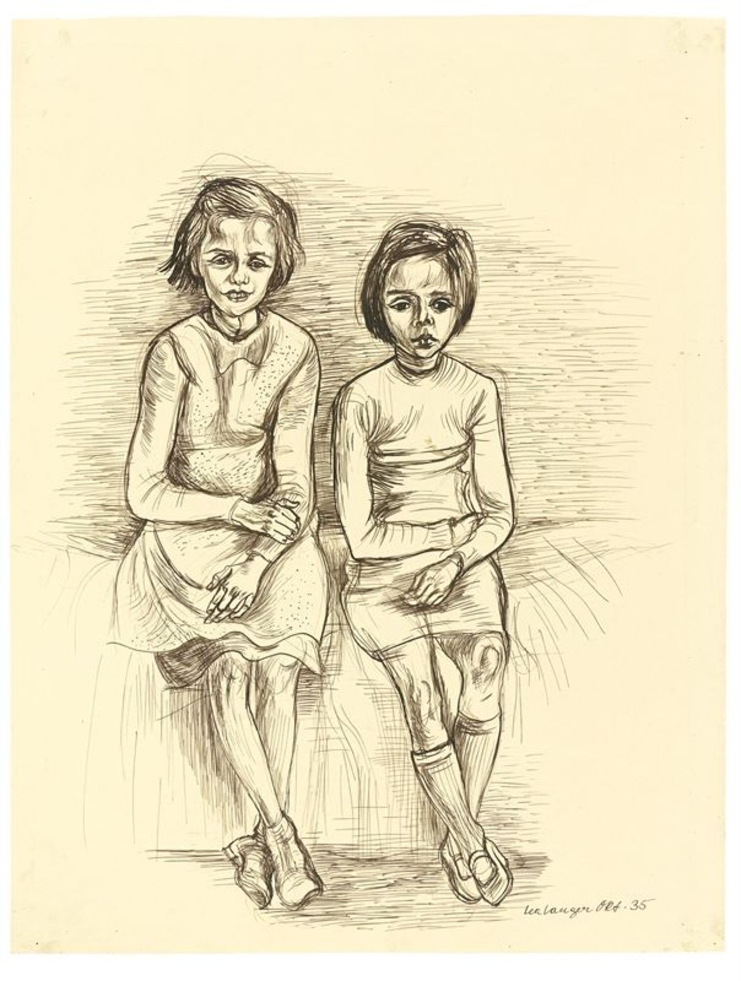 Lea Grundig (Dresden 1906 – 1977)Hedy Hoffmann und Sonja Frölich. 1935Feder in Sepia auf Papier.