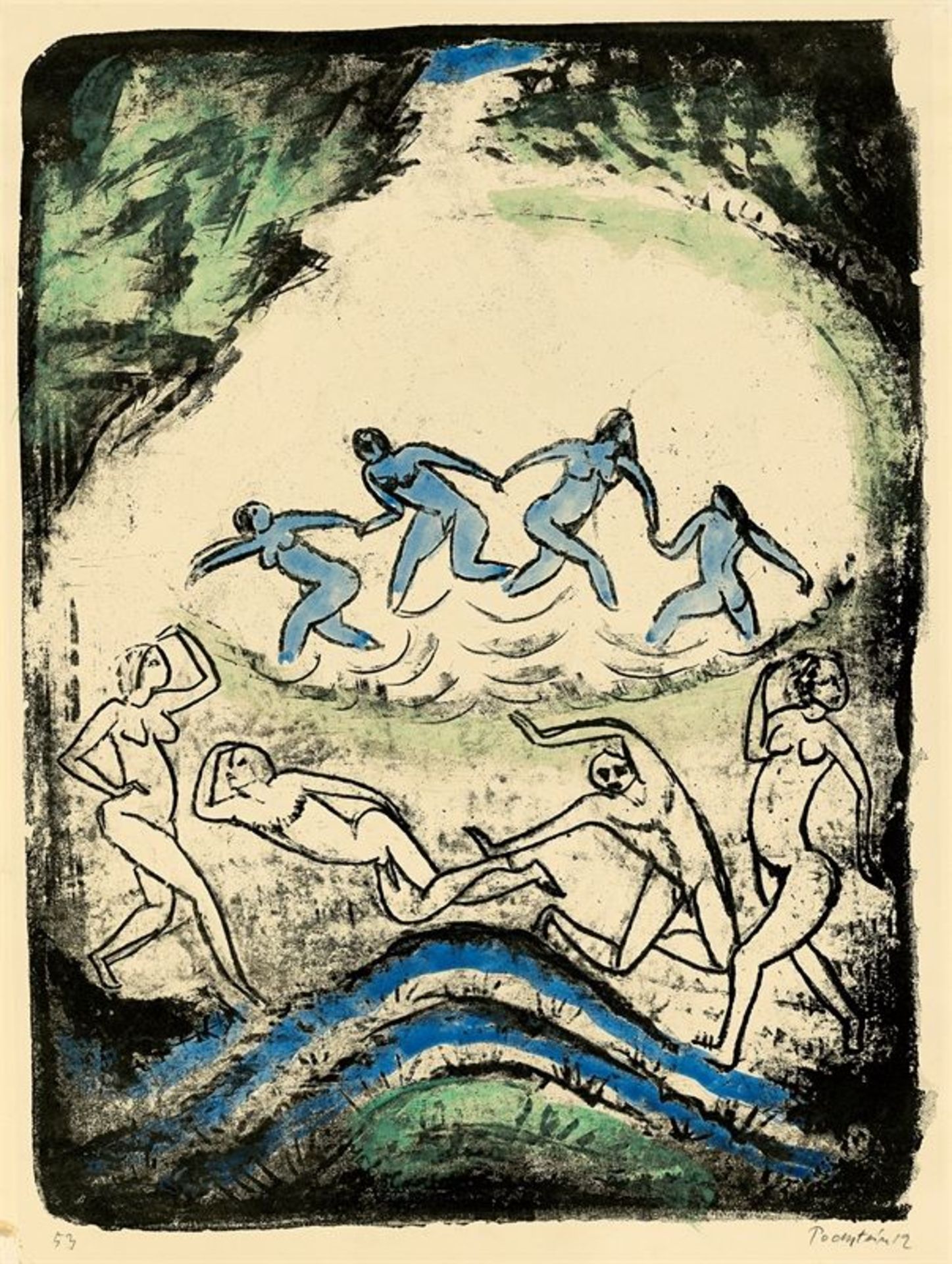 Hermann Max Pechstein (Zwickau 1881 – 1955 Berlin)„Der Tanz (Tanzende und Badende am Waldteich)“.