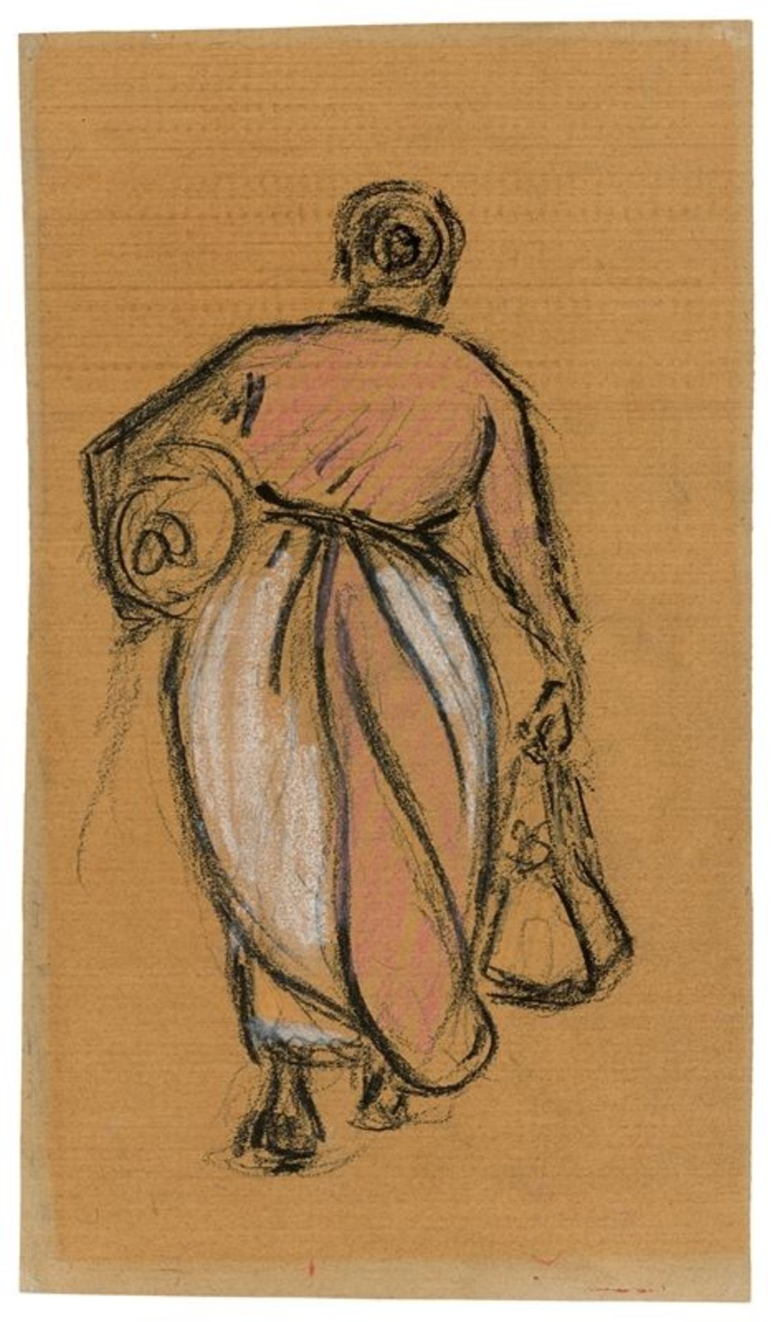 Heinrich Zille (Radeburg 1858 – 1929 Berlin)Rückenansicht einer gehenden Frau mit weißer Schürze.