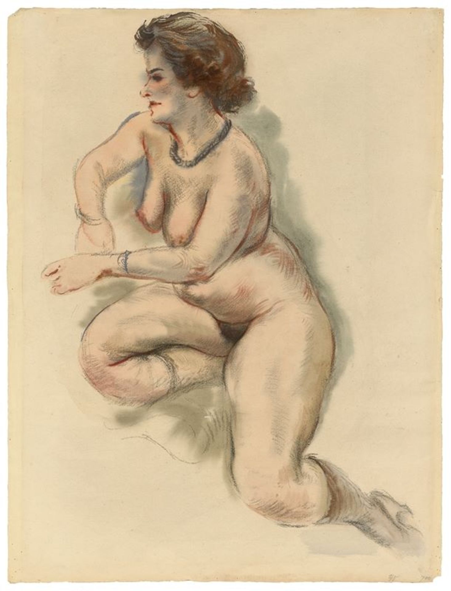 George Grosz (1893 – Berlin – 1959)„Kneeling female nude“. Aquarell und Kreide auf Bütten (