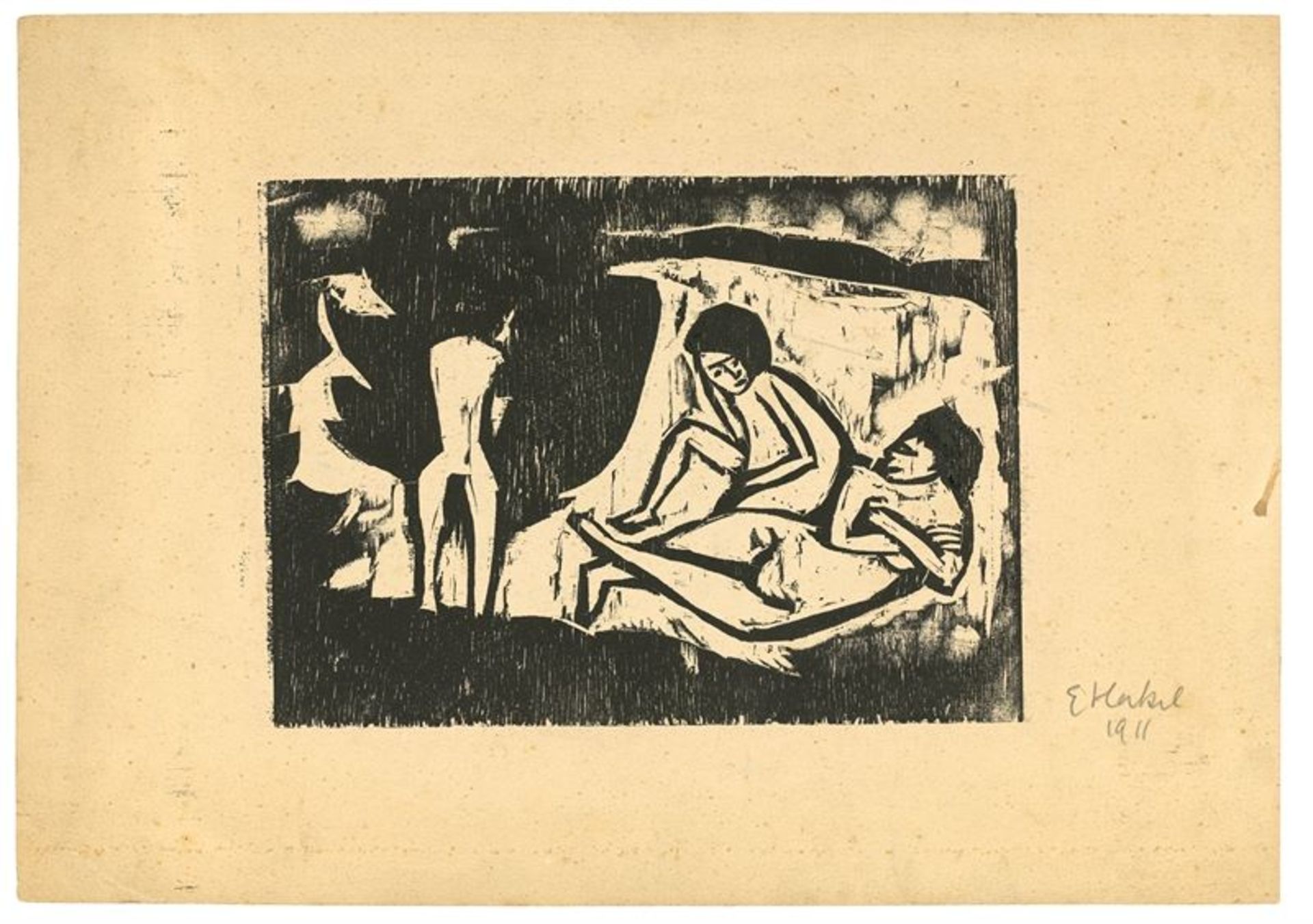 Erich Heckel (Döbeln 1883 – 1970 Radolfzell am Bodensee)„Drei Figuren“. 1911Holzschnitt auf