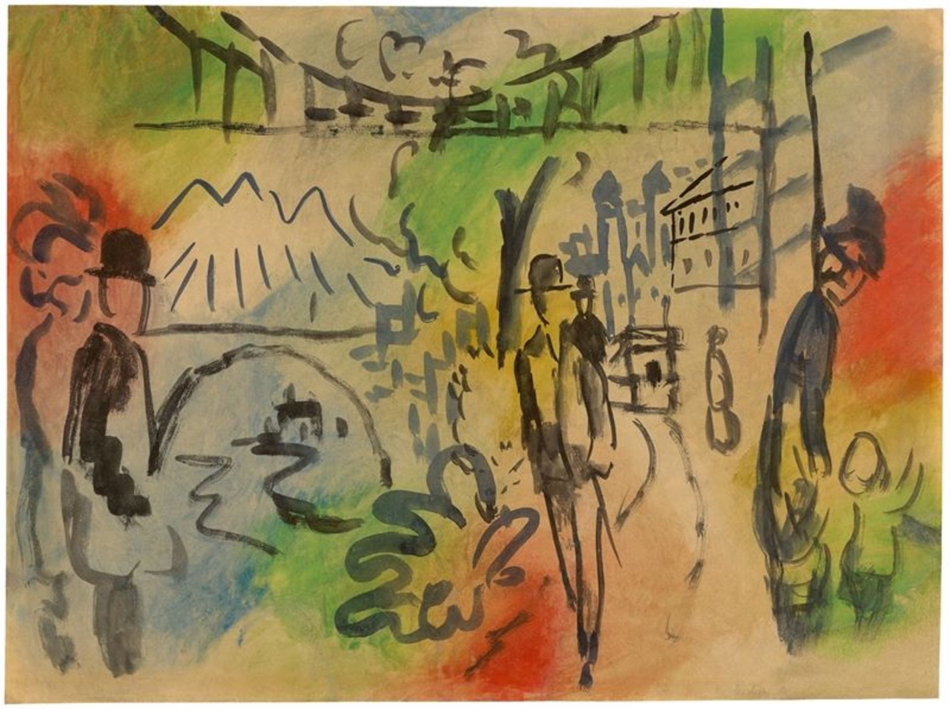 August Macke (Meschede 1887 – 1914 Perthes-lès-Hurlus)„Uferpromenade“. 1914Aquarell auf Papier. 36 ×