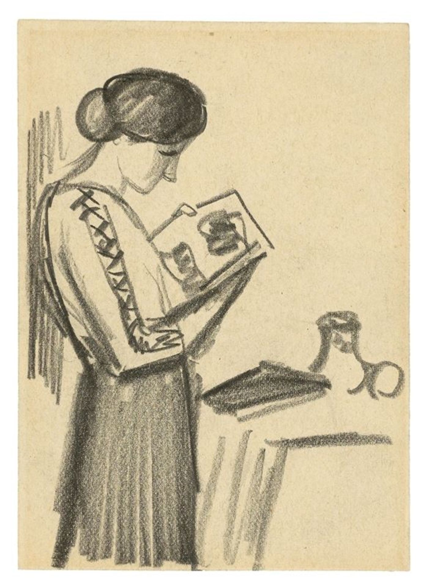 August Macke (Meschede 1887 – 1914 Perthes-lès-Hurlus)„Lesende Frau im Stehen“. 1912Bleistift auf