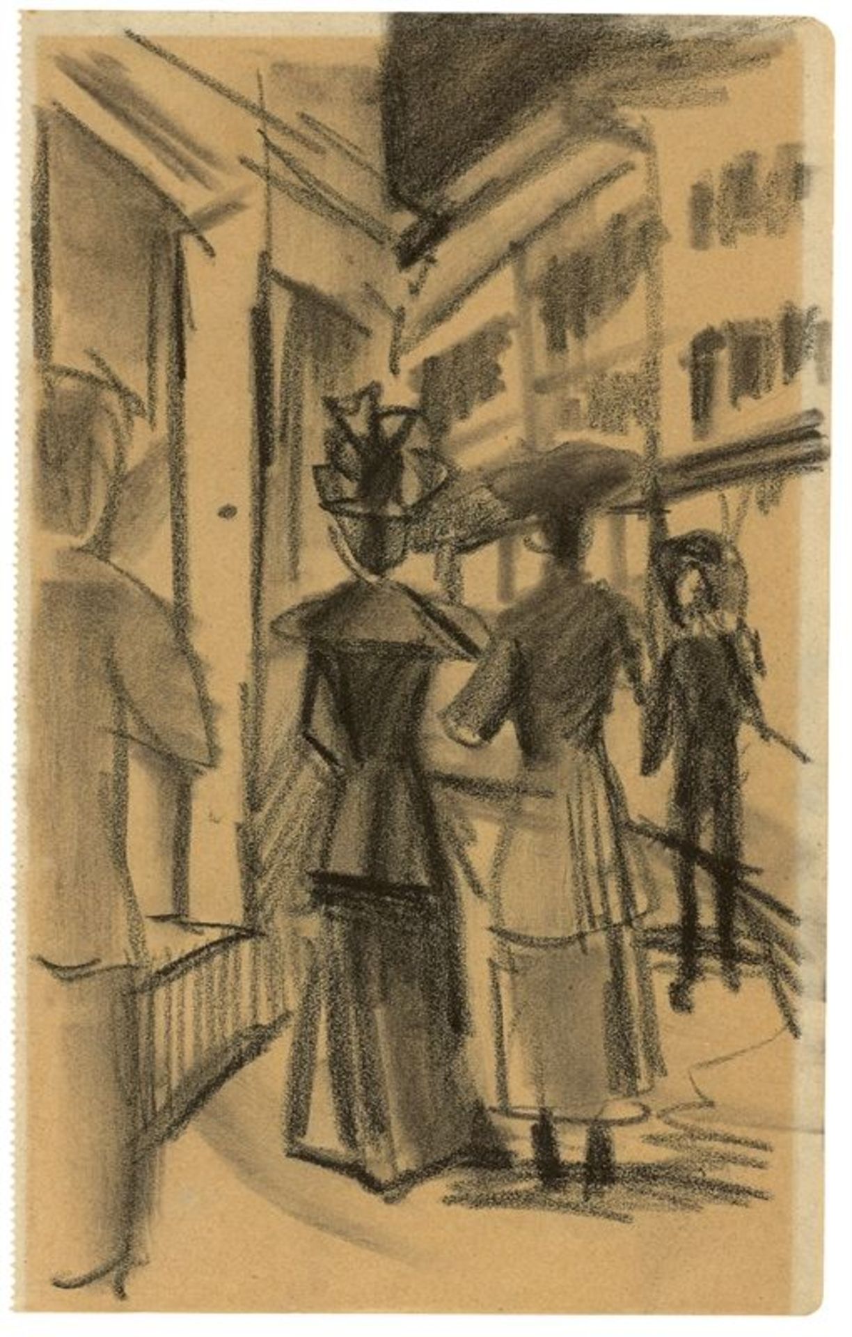 August Macke (Meschede 1887 – 1914 Perthes-lès-Hurlus)„Leute auf der Straße“. 1913Kreide auf