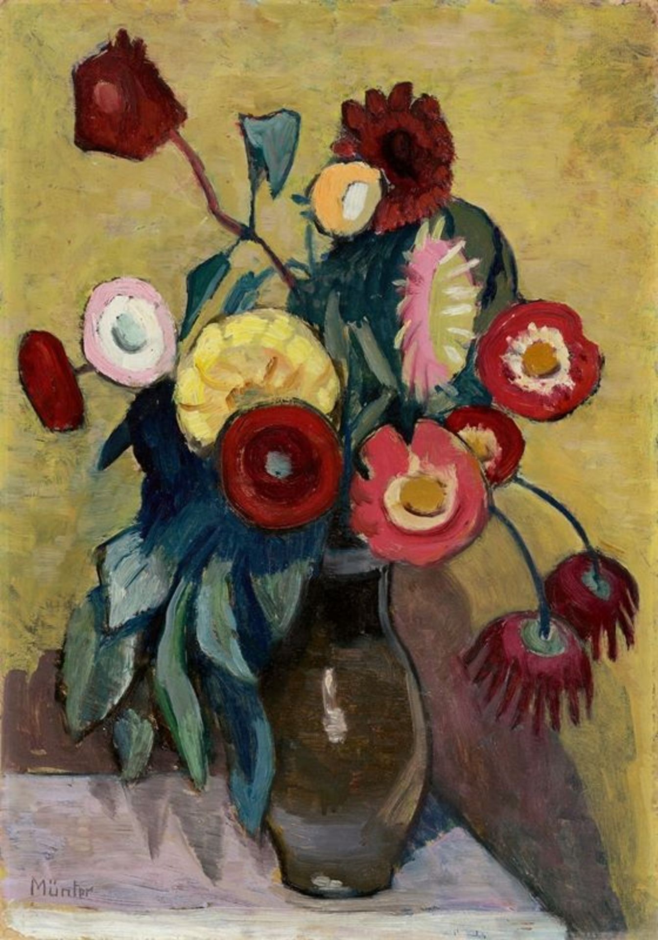 Gabriele Münter (Berlin 1877 – 1962 Murnau)Dahlien im Glas. 1944Öl auf Pappe. 49,6 × 35 cm (