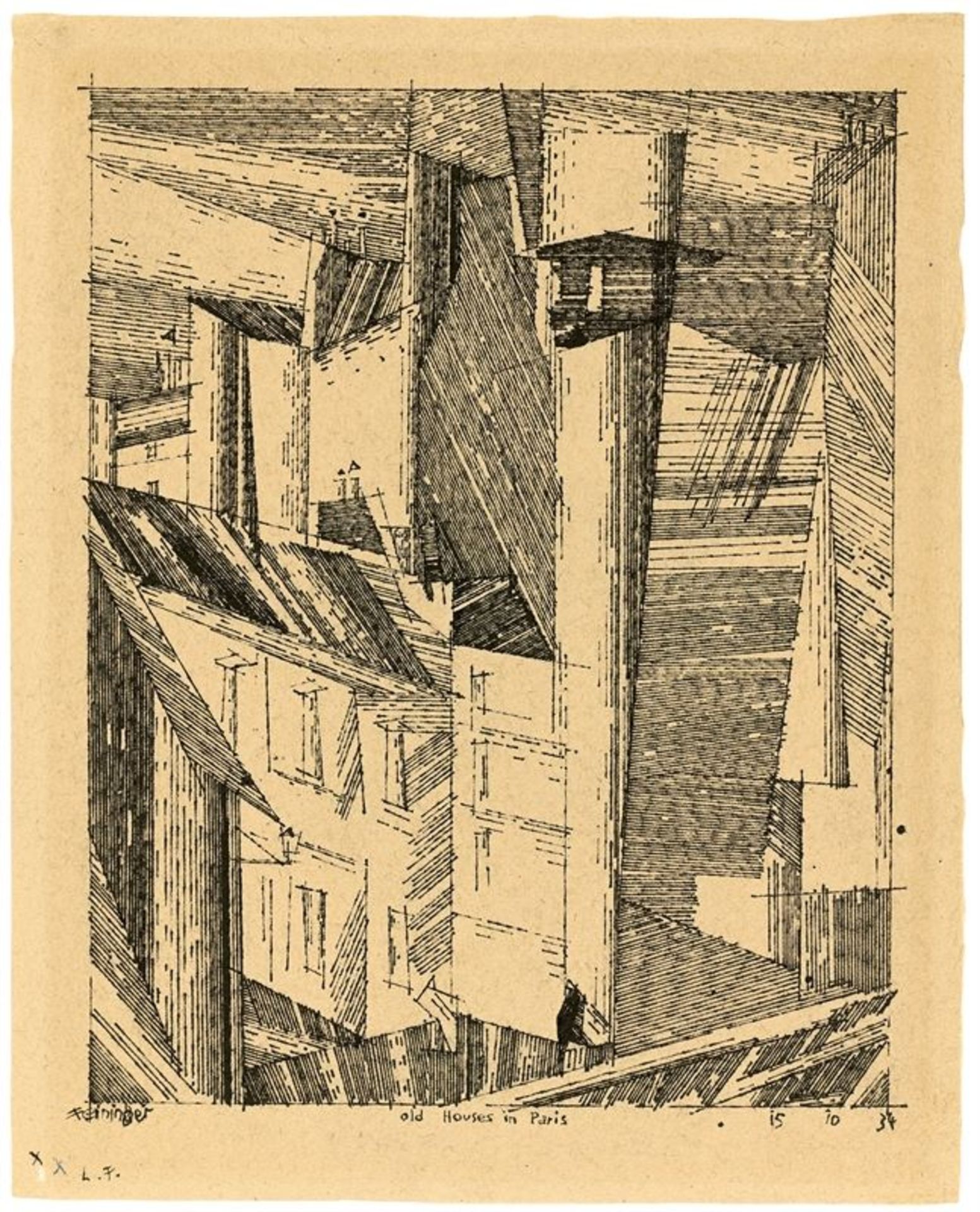 Lyonel Feininger (1871 – New York – 1956)„Old houses in Paris“. 1934Tuschfeder auf gelblichem