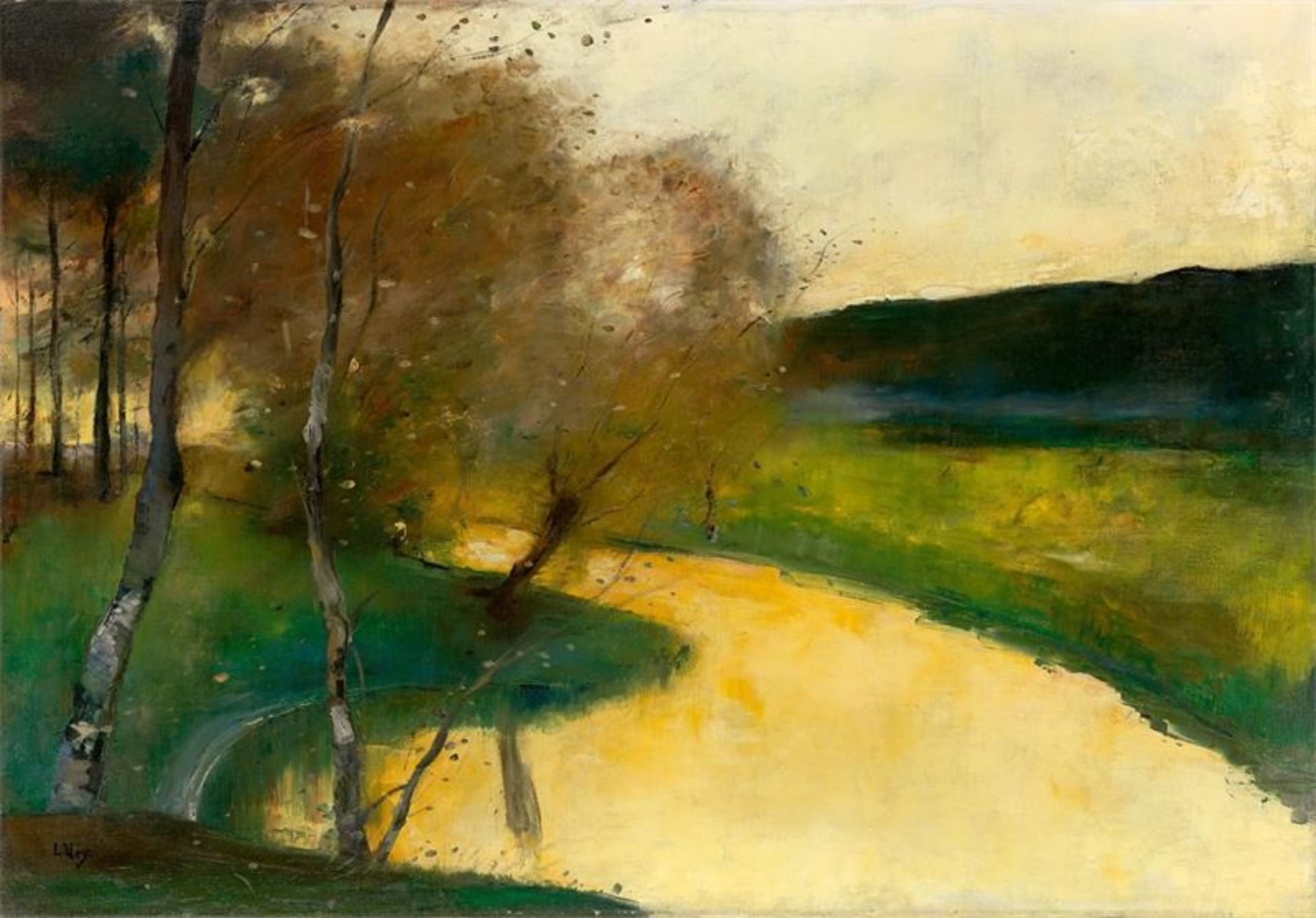 Lesser Ury (Birnbaum/Posen 1861 – 1931 Berlin)„Herbstliche Bachlandschaft im Abendlicht, Thüringen“.