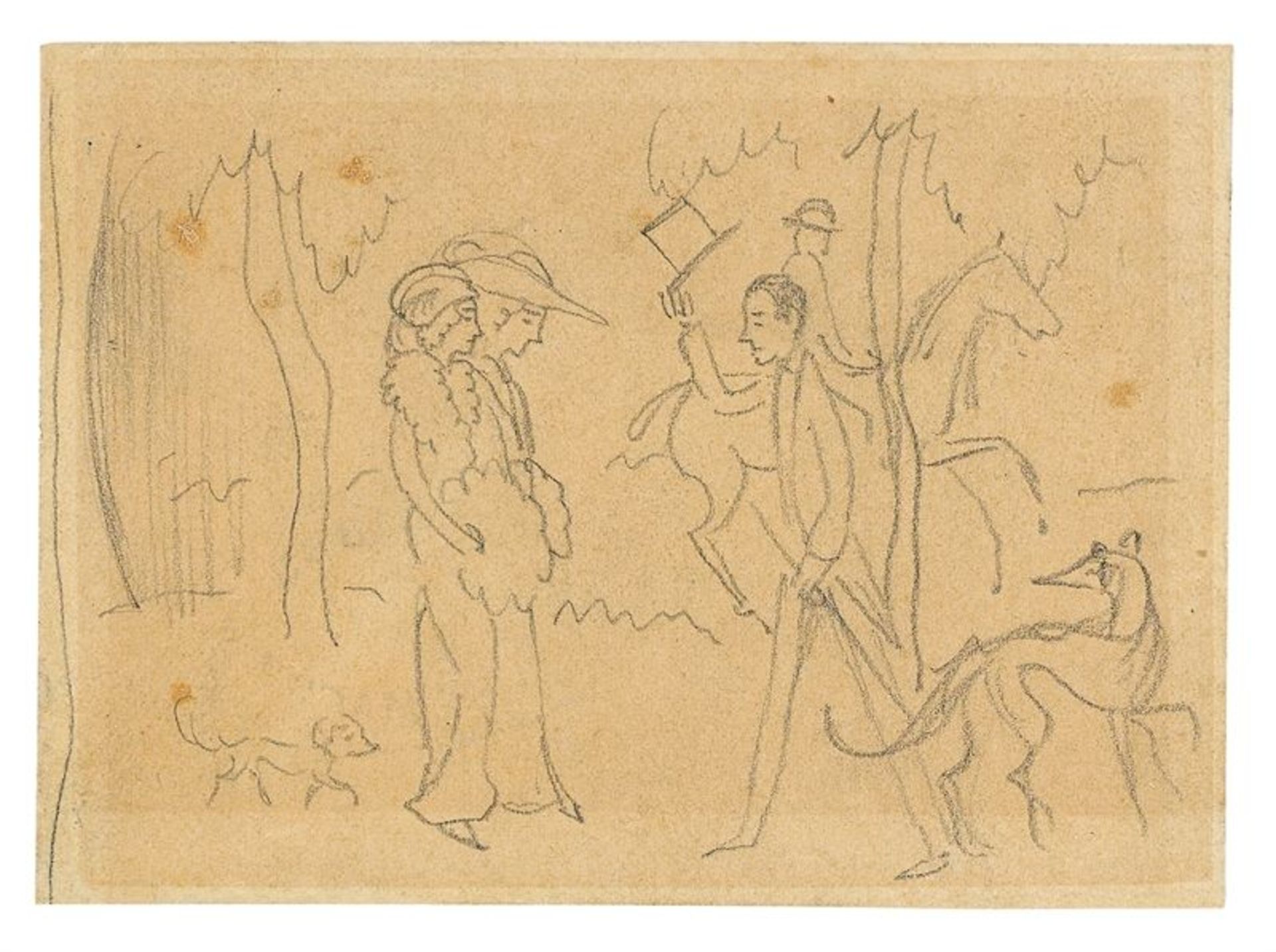August Macke (Meschede 1887 – 1914 Perthes-lès-Hurlus)„Begegnung“. 1913Bleistift auf Papier. 8 ×