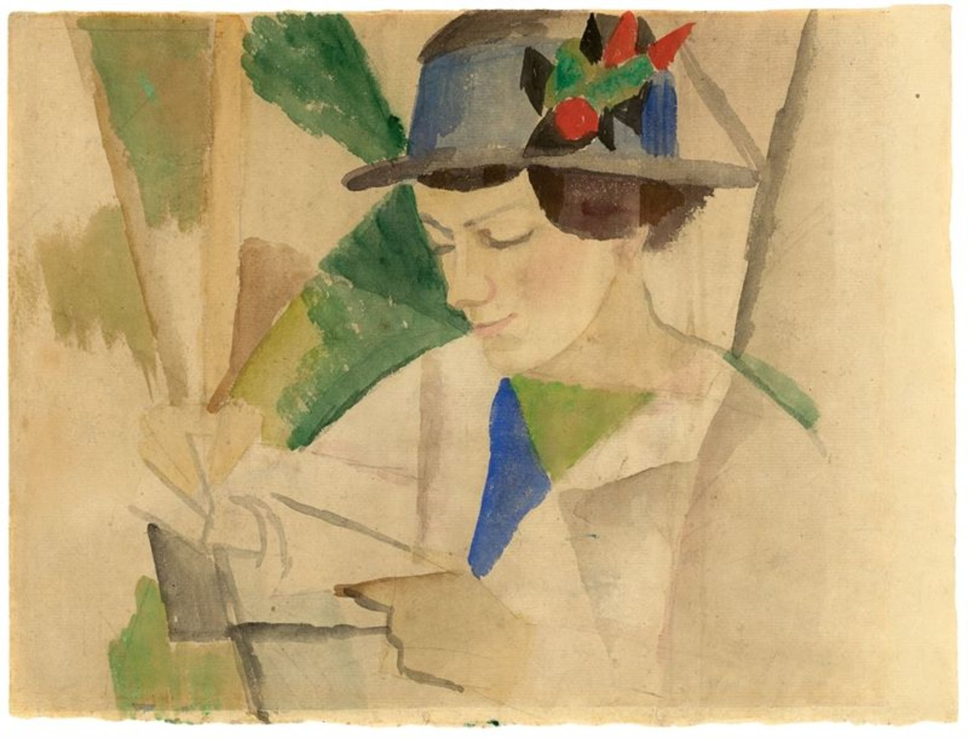 August Macke (Meschede 1887 – 1914 Perthes-lès-Hurlus)„Die Frau des Malers, lesend“. 1914Aquarell