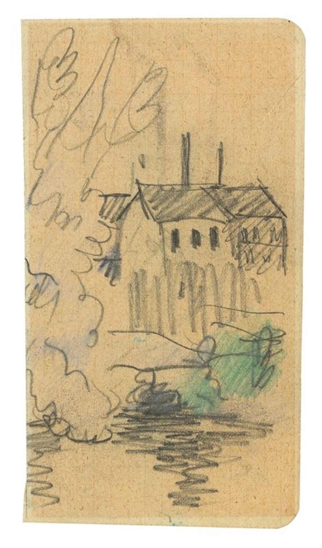 August Macke (Meschede 1887 – 1914 Perthes-lès-Hurlus)„Häuser“. 1912Farbstift und Bleistift auf