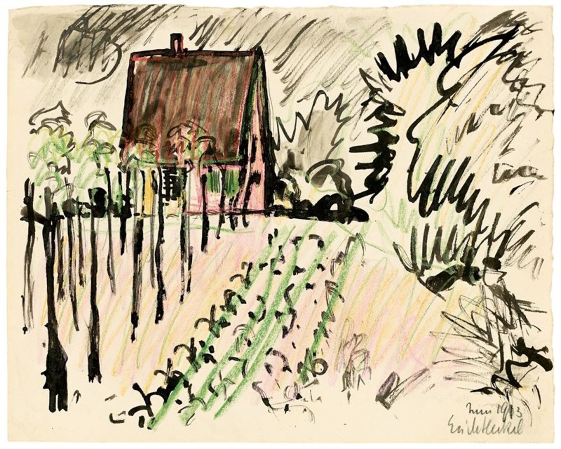 Erich Heckel (Döbeln 1883 – 1970 Radolfzell am Bodensee)Haus in Mellingstedt. 1913Tuschpinsel und