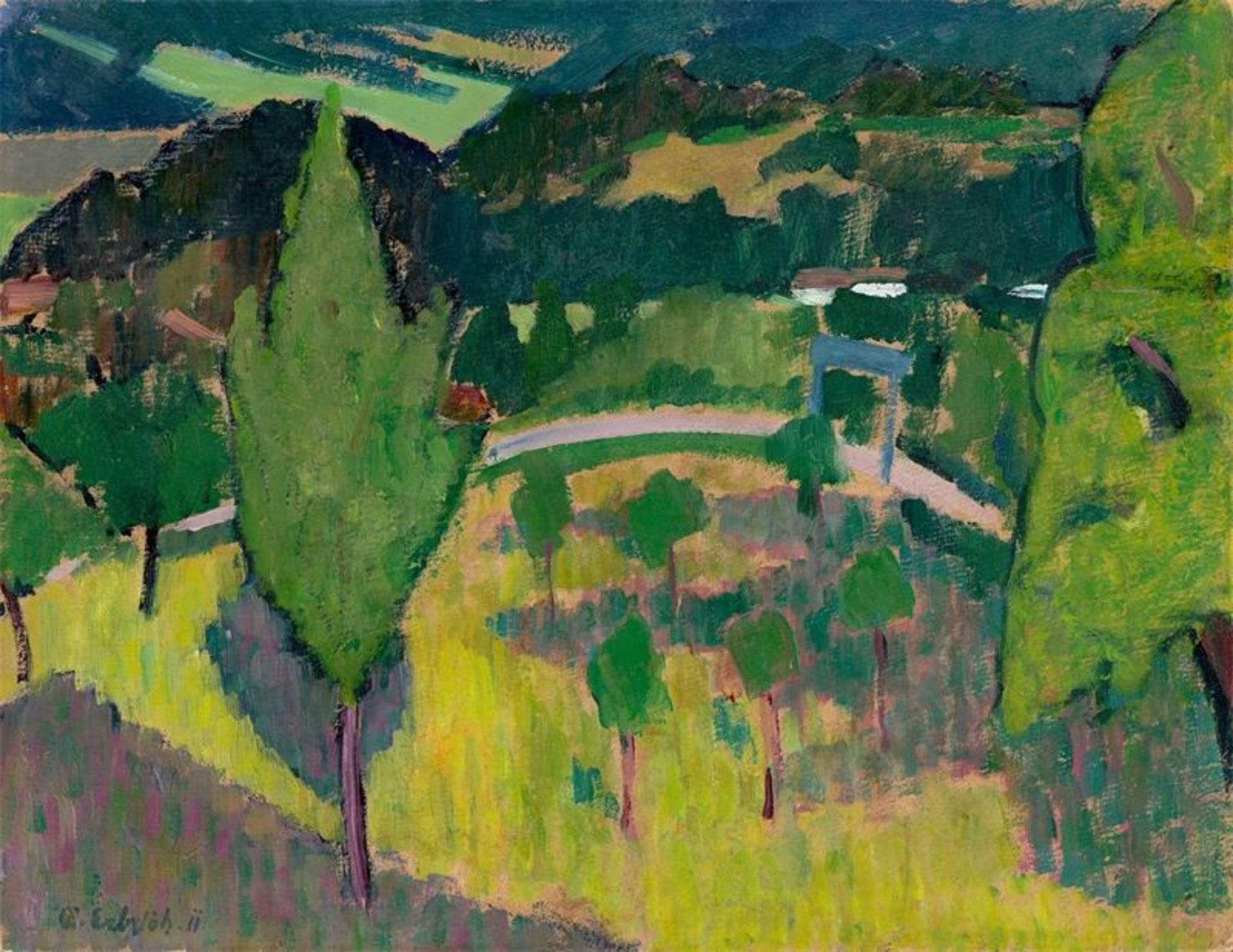 Adolf Erbslöh (New York 1881 – 1947 Irschenhausen)„Brannenburg (Gebirge)“. 1911Öl auf Pappe. 36,