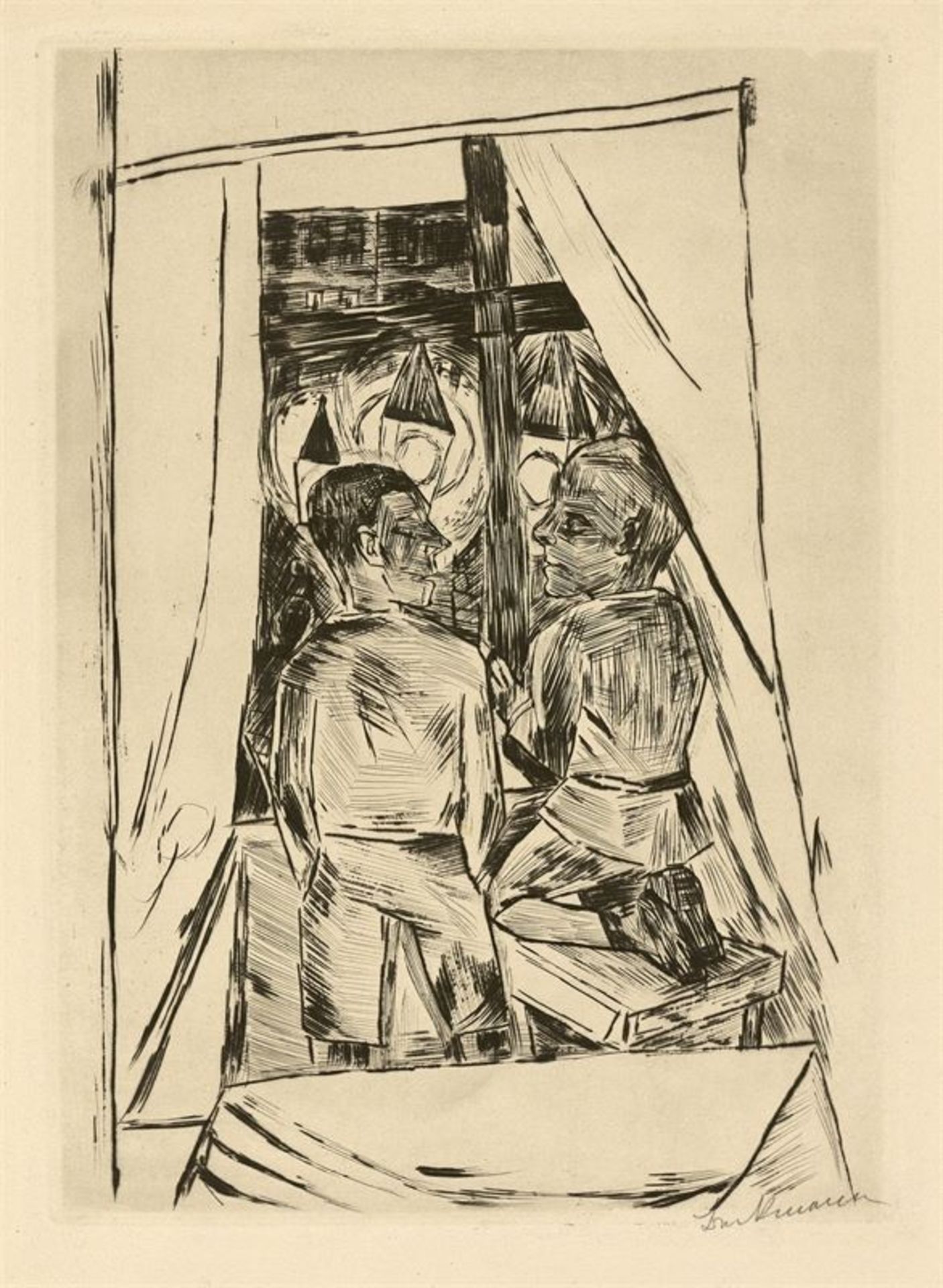 Max Beckmann (Leipzig 1884 – 1950 New York)„Kinder am Fenster“. 1922Kaltnadel auf Velin. 31,5 × 22,5