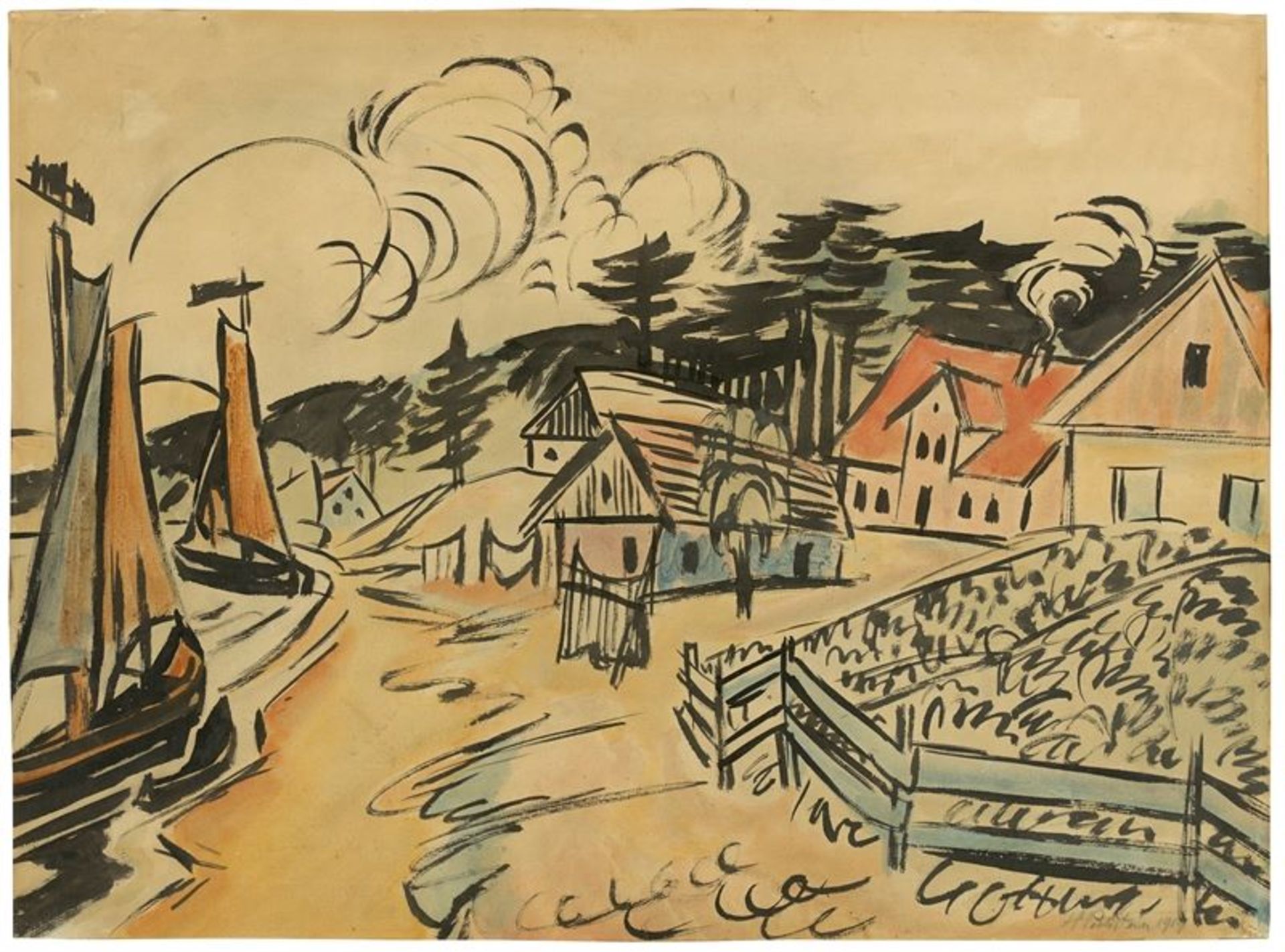 Hermann Max Pechstein (Zwickau 1881 – 1955 Berlin)Fischerdorf auf der Kurischen Nehrung.