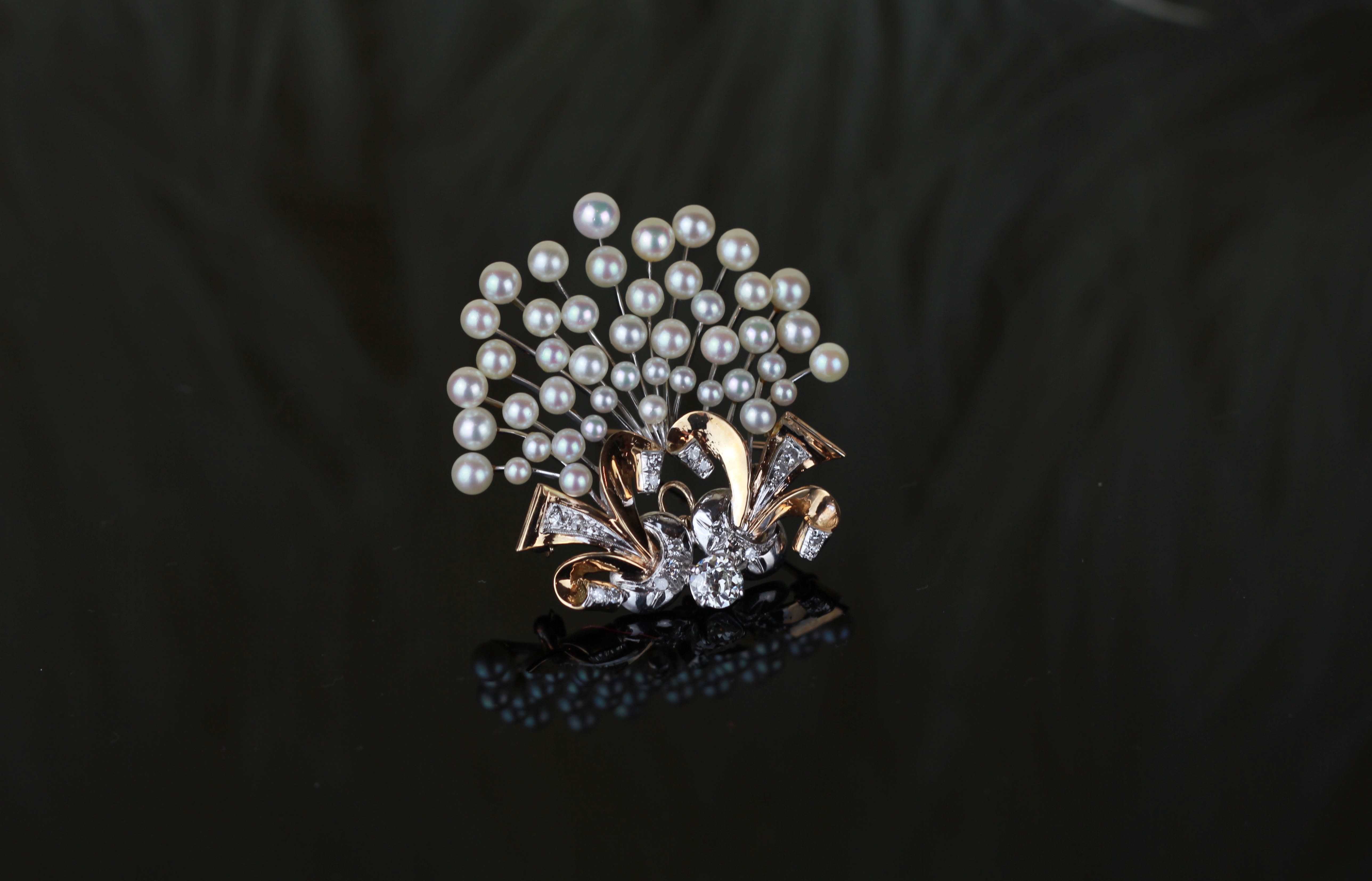 14CT Akoya Pearl Designer's Brooch with Diamond