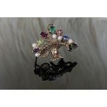 A 9CT Gold Gemstone Flower Basket Brooch