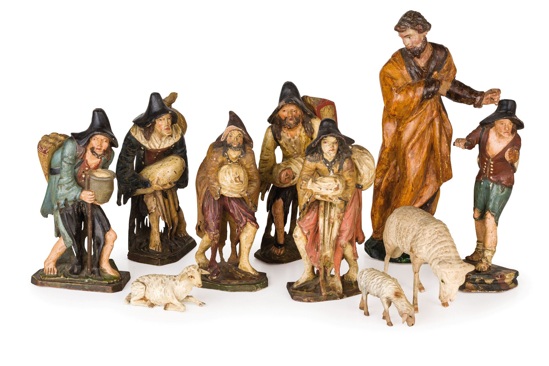 PARTE DI PRESEPE IN LEGNO DIPINTO E STOFFA, XIX SECOLO