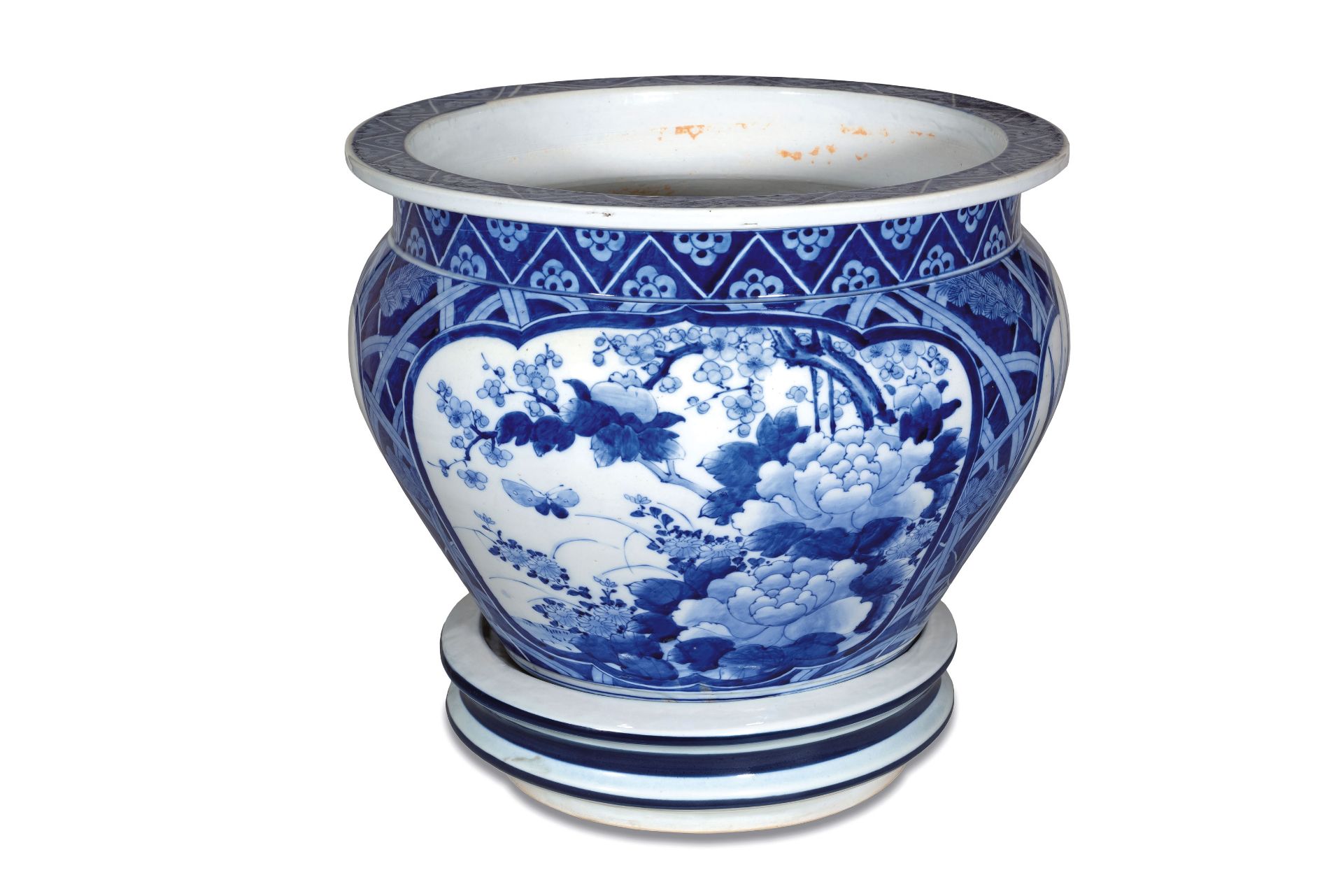 TRE CACHEPOT IN CERAMICA BIANCA E BLU, CINA, XX SECOLO