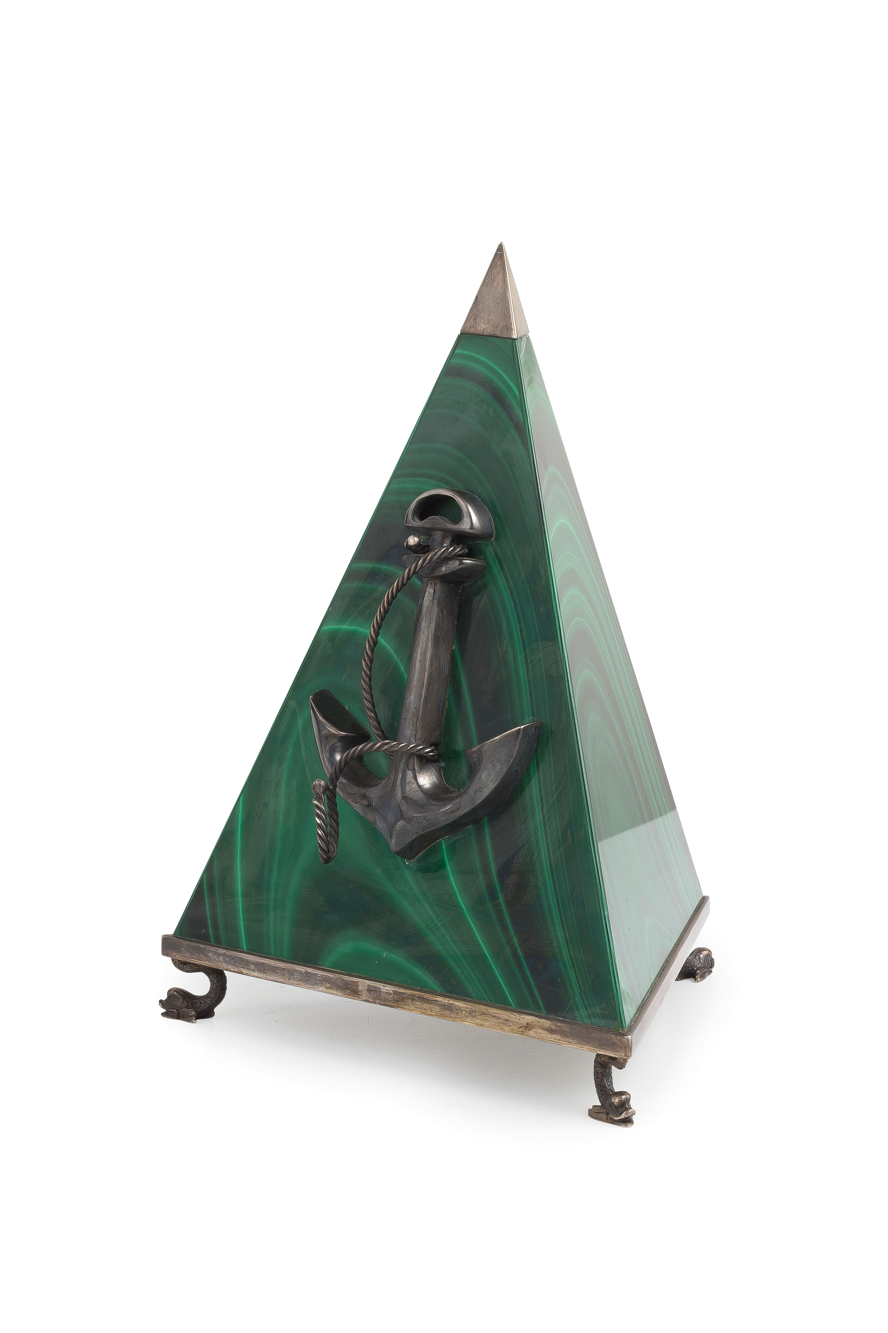 PIRAMIDE IN MALACHITE E ARGENTO, ITALIA, XX SECOLO