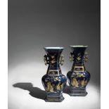 A FINE PAIR OF BLUE-GLAZED AND GOLD DECORATION EXAGONAL