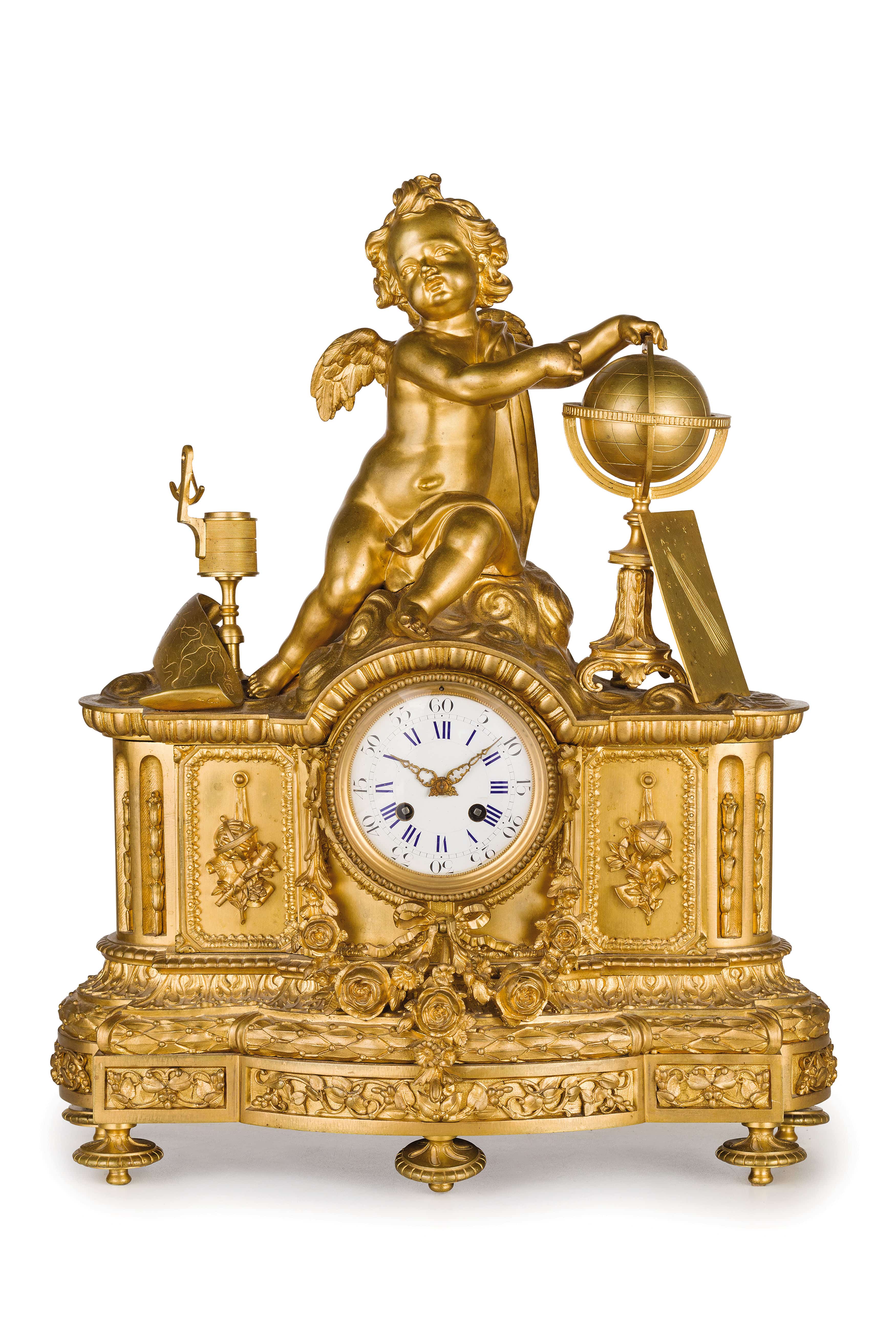 GRANDE OROLOGIO DA APPOGGIO IN BRONZO DORATO,