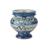 VASO DA FARMACIA IN MAIOLICA BIANCA E BLU, FORNACE DI SAVONA,