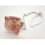 Unusual porcelain tiger head tie pin