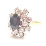 18ct gold large fancy sapphire and diamond cluster ring size L sapphire approximately 2ct diamond