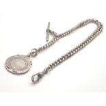 Hallmarked silver graduated watch chain with t-bar crocodile and fob each link stamped 73g L: 38 cm