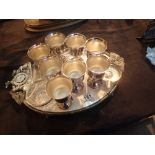 Quantity of metalware on a tray with Wedgwood plaque