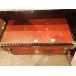 Large trunk with brass stud lid and check interior 83 x 50 x 42 cm