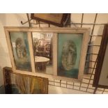 Early to Mid Century framed mirror with picture side panels framed watercolour and a small inlaid