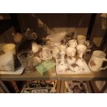 Shelf of ceramics dressing table set silver plated spoons part tea and dinnerware sets etc