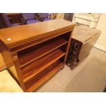 Mahogany two shelf bookcase dropleaf table and an upholstered storage box