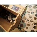 Box file containing loose coinage some coin sets and mobile phones