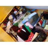 Box of mixed sewing related items including cottons and buttons