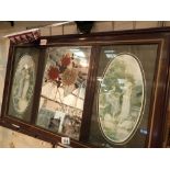 Three vintage bevelled edged wall mirrors with over mantle mirror having a print scene to each side