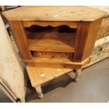 Square pine coffee table with painted legs and a pine TV stand