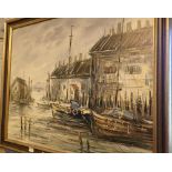 Oil on canvas of boats in a harbour signed Chamfray